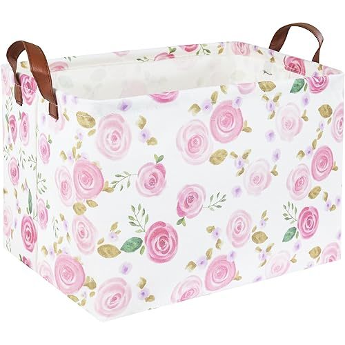 Rose Pink Baby Basket Nursery Baskets Girl Baby Storage Bins Rectangular Cute Kids Toy Storage Bin Organizer Book Shelf Basket Rose Room Decor(Pink Rose)
