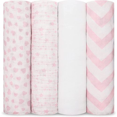 Muslin Swaddle Blankets Neutral Receiving Blanket Swaddling, Wrap for Boys and Girls, Baby Essentials, Registry & Gift by Comfy Cubs (Pink)