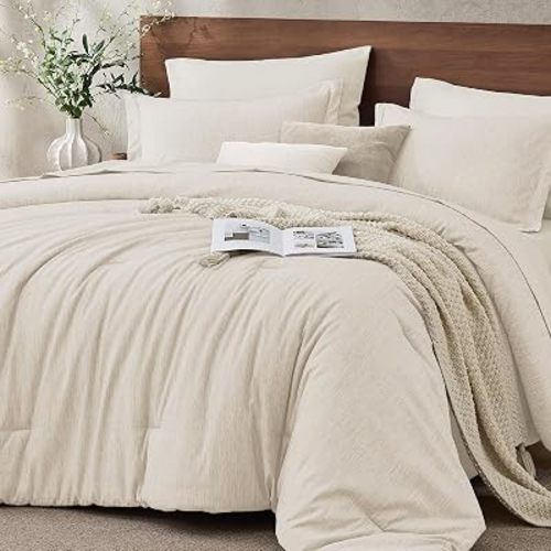 JOLLYVOGUE Beige King Comforter Set, Cationic Dyeing Bed in a Bag King 7 Pieces, Double-Tone Bedding Set with Down Alternative Comforter, Sheets, Pillowcases & Shams