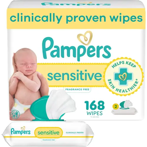 Pampers Baby Wipes Sensitive, Water Based Baby Wipes, Hypoallergenic and Unscented Baby Wipes, 168 Wipes Total (2 Flip-Top Packs)
