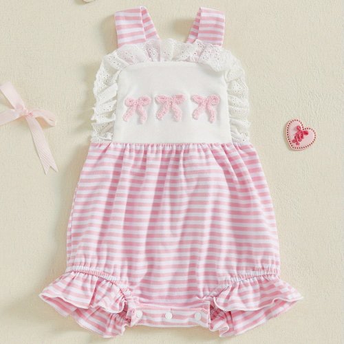 Baby Girl Bow Embroidered Overalls Striped Lace Trim Sleeveless Bodysuit Cute Summer Romper, for Outdoor