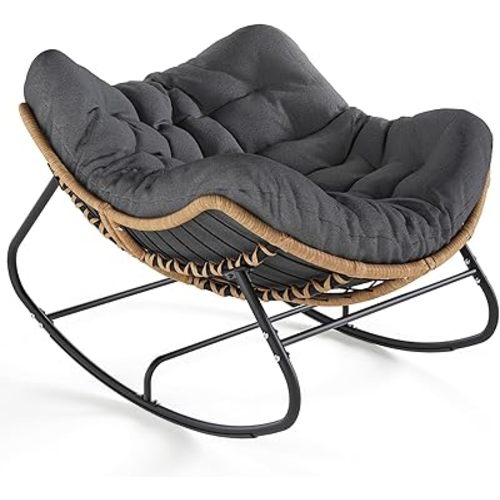 SWITTE Outdoor Rocking Chair, Oversized Patio Papasan Rocker, Comfy Wicker Reading Lounge, Indoor Egg Chair for Bedroom, Living Room, Porch, Garden, Lawn-Dark Grey