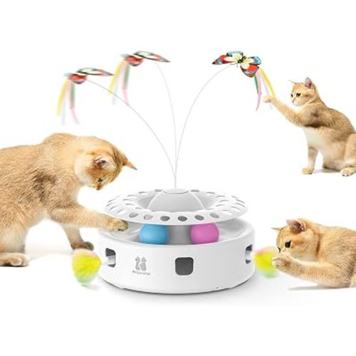 Potaroma Cat Toys 3in1 Automatic Interactive Kitten Toy, Fluttering Butterfly, Moving Feather, Track Balls, Dual Power Supplies, USB Powered, Indoor Exercise Kicker (Bright White)