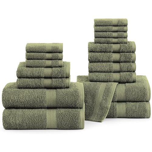 Cotton Bath Towels - 18 PC 100% Cotton Towels - 4 Bathroom Towel Set, 6 Hand Towels for Bathroom, 8 Washcloths, Soft Turkish Towel Sets, Travel Towel - Oil Green