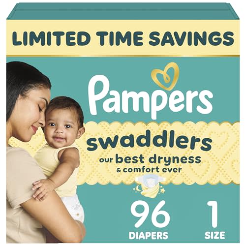 Pampers Swaddlers Diapers, Size 1 (8-14 lbs), 96 Count, Absorbent, Keeps Baby Dry and Comfortable, Skin Safe Disposable Baby Diaper (Packaging May Vary)
