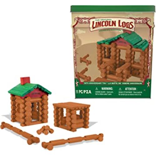 Lincoln Logs – 100th Anniversary Tin, 111 Pieces, Real Wood Logs - Ages 3+ - Best Retro Building Gift Set For Boys/Girls - Creative Construction Engineering - Preschool Education Toy