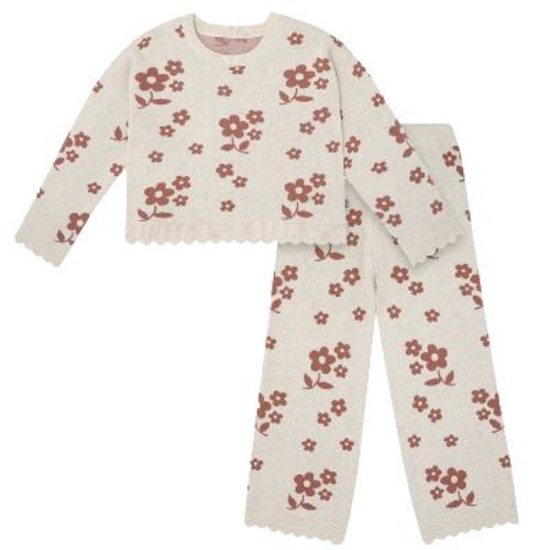 Modern Moments by Gerber Toddler Girls' 2-Piece Jacquard Sweater Knit Top and Pant Set, Nutmeg Flowers, 2T