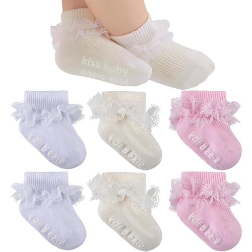 Baby Girl Ruffle Socks with Grips Turn Cuff Ankle Lace Frilly Dress Socks for Newborn/Infant/Toddler/Little Kids