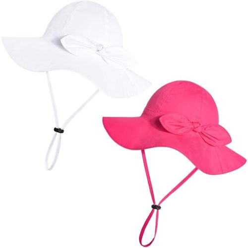 Baby Girl Sun Hat with UPF 50+ Outdoor Adjustable Beach Hat with Wide Brim Bucket Hats (6-12 Months, Pink & White -2pcs)