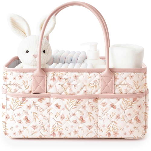 Floral Quilted Diaper Caddy Organizer, Diaper Caddy Basket with Handles and Removable Dividers, Baby Nursery Storage Basket for Wipes and Diapers, Portable Car Organizer, Registry Search Must Haves