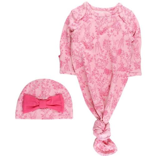 RuffleButts Modal Blend Baby Ruffle Knotted Sleep Gown & Hat Set - Pink Cottontail Toile, Newborn-3m