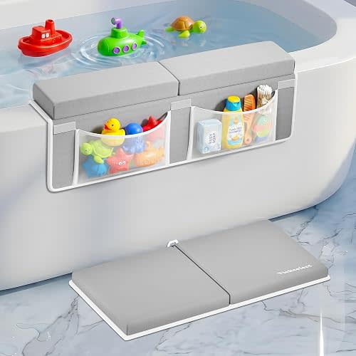 Bath Kneeler and Elbow Rest Pad Set-Baby Bath Kneeler with 1.5'' Comfortable Thick Memory Foam Cushion, Non-Slip Knee & Arm Support for Baby Bath Time,Foldable Bath Mat for Baby with Storage Pockets