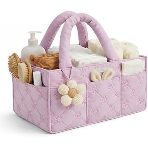 Diaper Caddy Organizer, Stylish Nursery Storage Basket, Gift for Baby Shower, Newborn Essentials, Registry Search Must Haves, Purple Quilted Flower