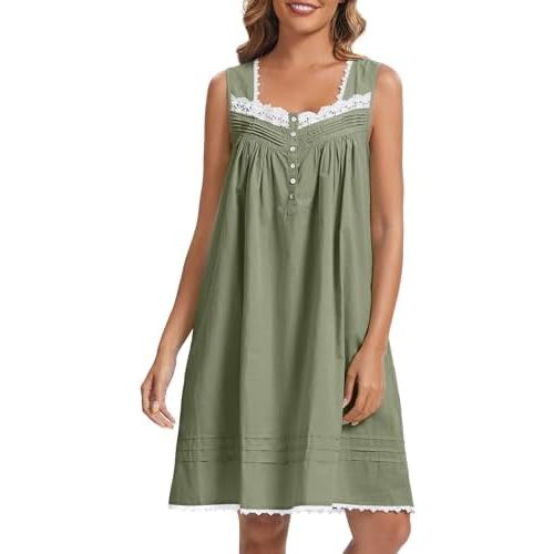 AVIIER 100% Cotton Nightgowns for Women Sleeveless Night Gown with Pockets