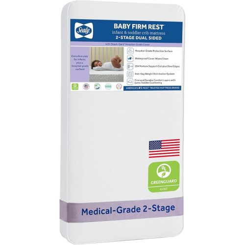Sealy Baby 2 Stage Infant Crib Mattress Plus Toddler Bed Fit, Breathable, Resistant to Stain Cover, Dual Firmness & Lightweight, Firm Rest, Aqua