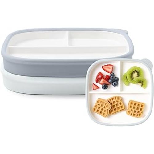 Ello Clean Start Toddler Breakfast Plate 2 Pack | BPA-Free Ceramic Plates with Divider & Silicone Sleeve for Babies/Toddlers| Microwave & Dishwasher Safe | High Chair Friendly | Quiet Tide/Tech Blue