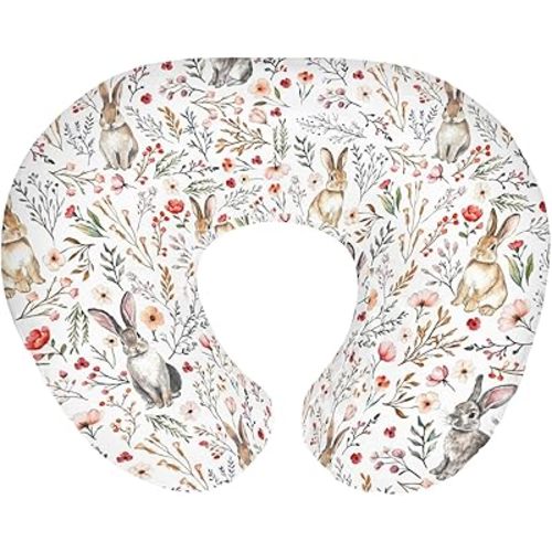 Vintage Rabbit Boho Floral Baby Nursing Pillow Covers for Boy Girl Retro Bunny Wild Flowers Nursery Slipcovers for Breastfeeding Pillows Spring Garden Animal Soft Stretchy Cover for Newborn Infant