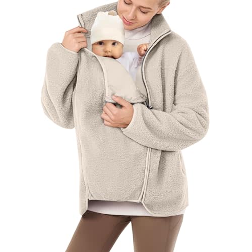 qvdvap Women's Fleece Jacket with Baby Carrier Pocket, Warm Maternity Coat for Mom, Zip up 2-in-1 Baby Wearing Outerwear