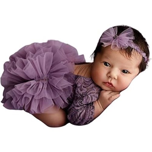 Newborn Photography Outfits Girl, Baby Girl Photoshoot Props, Lace Romper with Headband for 0-3 Months Newborn (Purple)