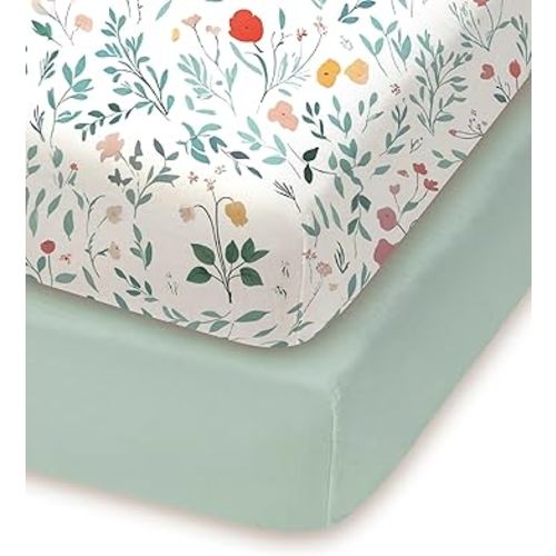 Pack and Play Sheets Fitted, Soft Green Leaf+Flower, Ultra Soft, Hypoallergenic and Breathable, 2 Pack for Baby Boys and Girls
