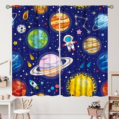 Kids Outer Space Curtains Cartoon Galaxy Planet Universe Astronaut for Boys Bedroom Rod Pocket Decor Nursery Starry Starts Pocket Art Printed Living Room Window Drapes 2 Panels Set 42x45 Inch
