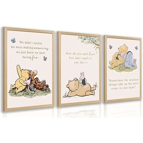 LERVR Wood Framed Bear Nursery Wall Art Set of 3, Cute Bear and Friends Storybook Canvas Print, Sweet Inspirational Quote Decor, Cartoon Animal Nursery Artwork for Kids RoomPlayroom 12x16 Inch