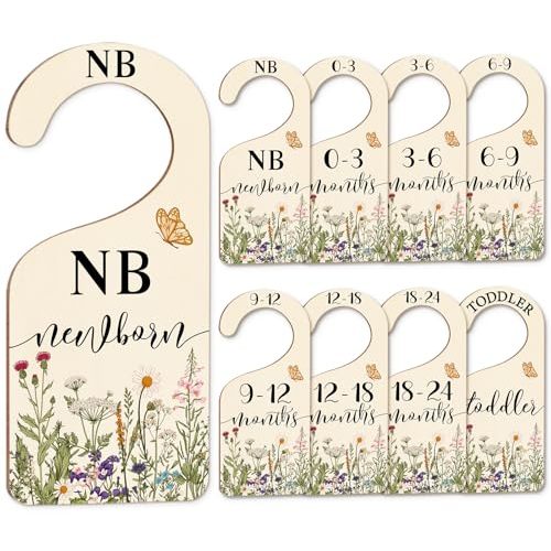 Whaline 8Pcs Wildflower Baby Closet Size Dividers Vintage Floral Leaves Hanging Wood Baby Closet Organizer Newborn to 24 Months Thicken Baby Wardrobe Organizer for Home Nursery
