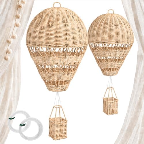 Toyvian 2PCS Rattan Hot Air Balloon Decor for Nursery, Hanging Wall Decor