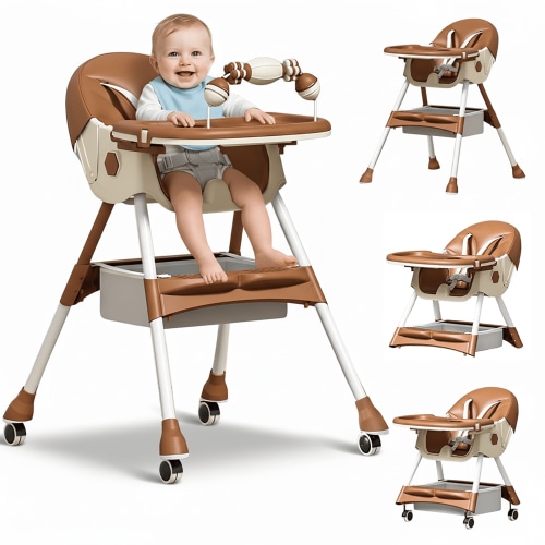 HENG CO. 4-in-1 High Chair for Babies and Toddlers, Convertible Baby High Chair, Double-Layer Tray & Toy Rack, PP+Steel Frame, for 6-36 Months, Brown