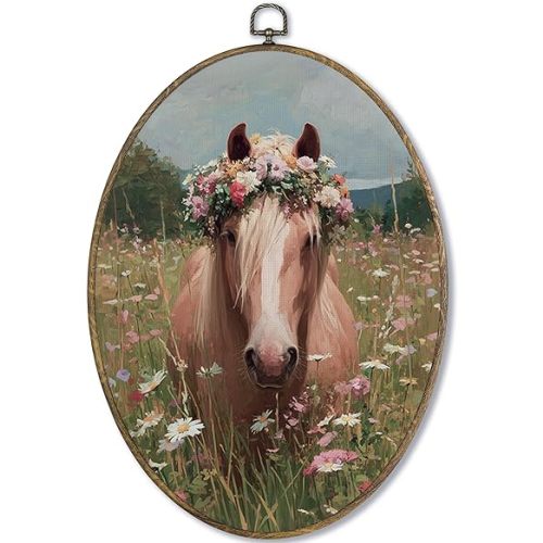 Fewgb Vintage Horse Oval Wall Art Decor Framed Gifts for Horse Lovers, Rustic Farmhouse Cottagecore Wildflower Canvas Wall Art Prints Picture, Horses Hanging Decor Artwork for Bedroom Living Room 9x12