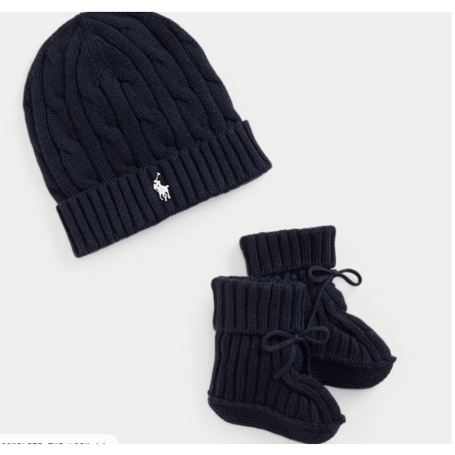 Cable-Knit Cotton Beanie & Bootie Set, Color: Navy