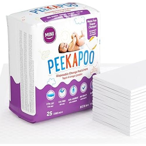 Peekapoo Mini – 25 Pack Disposable Changing Pads for Baby (18 Inches x 16 Inches) Disposable Waterproof Liners, Diaper Changing Pad Protector Mat