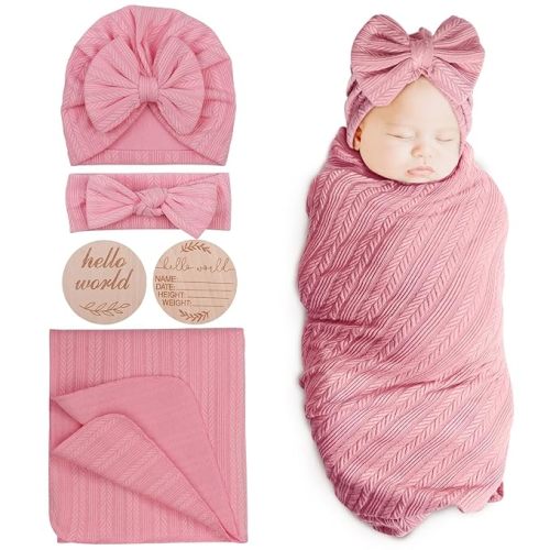 DRESHOW BQUBO Baby Swaddle Blankets for Girls, 4PCS Newborn Accessories Set with Hat and Bow Headband with Hello World Wooden Birth Announcement Card, Baby Blankets for Girls