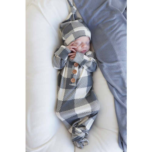 Big Check Bamboo Waffle Newborn Baby Knot Gown & Hat Set | Denim