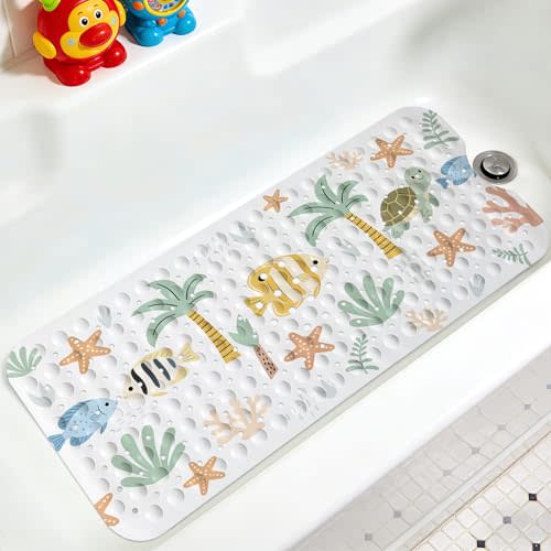 Kids Bathtub Mat, Non Slip Cartoon Bath Mat for Kids and Toddlers, Beach Fish Anti Slip Bathtub Safety Mat with Strong Suction Cups, Soft in-Tub Bath Mat for Children