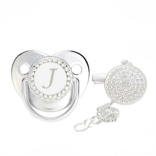 PRINxy Kids Soothing Pacifier & Teether,Baby Pacifier 26 Letter Name Initial Clip Silicone Infant Nipple Bling Newborn Pacifier,Silver,J