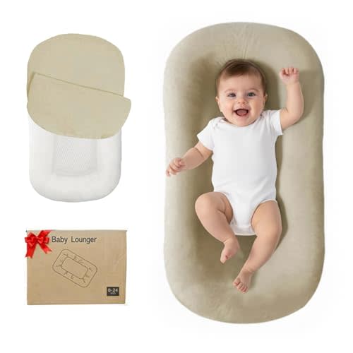Lucakuins Baby Lounger, Bionic Design Baby Lounger for Newborn 0-24 Months, Soft Organic Cotton Breathable Lounger for Infants (Apricot Baby Lounger)