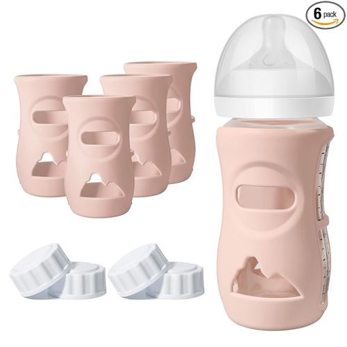 4 Pack Silicone Sleeves for Philips Avent Natural Glass Baby Bottles, Food Grade Silicone Cover and 4pcs Travel Caps, Lids Replacement (4Pink, 8oz)
