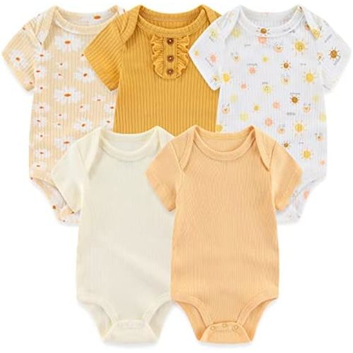 MAMIMAKA Newborn Baby Short Sleeve Bodysuit Cotton One-Piece Baby Clothes 5-Pack, 0-12 Months