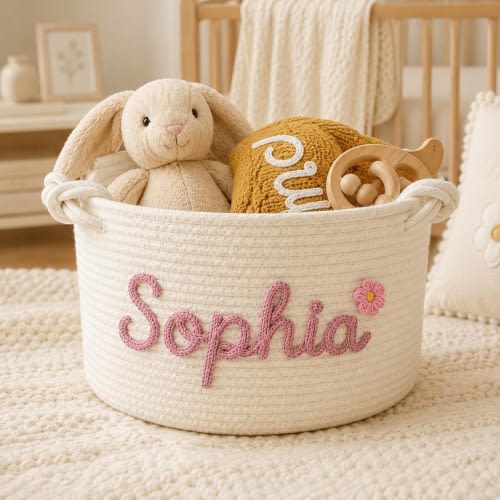 Personalized Baby Name Rope Basket, Custom Nursery Storage Basket, Toy Organizer, Baby Shower Gift