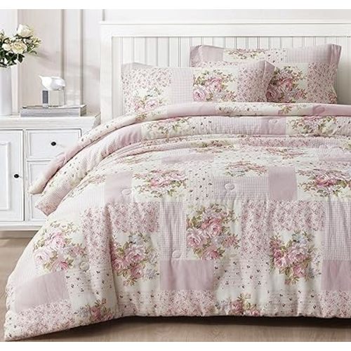 Chezmoi Collection Rosy 2-Piece Twin Size Washed Cotton Comforter Set - Floral Bedding Set Ivory Green Pink Flower Polka Dot Printed Patchwork Reversible Lightweight Comforter for All Season
