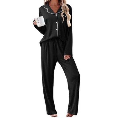 Ekouaer Womens Pajama Sets 2 Piece Long Sleeve Sleepwear Soft Button Down Pjs Lounge Set Black S