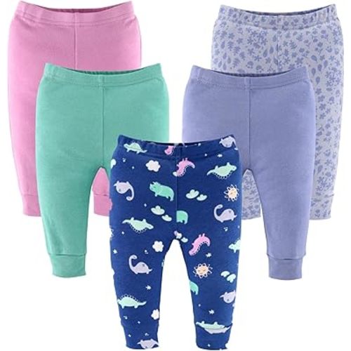 The Peanutshell 5 Pack Baby Girl Pants Set - 100% Cotton Toddler Pants for Girls, Newborn Clothes for Toddlers and Babies - Dino Girl Multicolor
