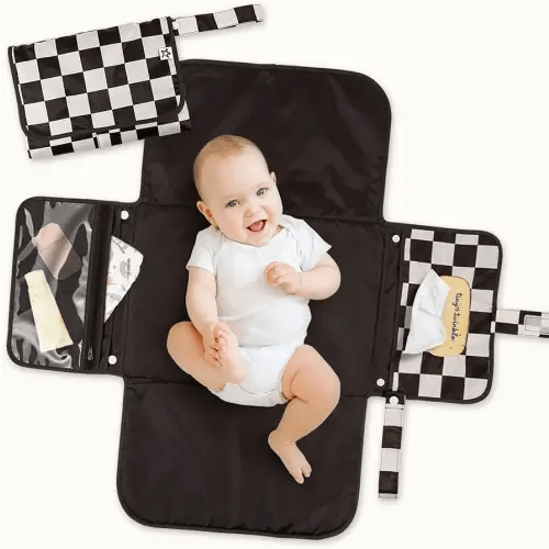 Tiny Twinkle Portable Diaper Changing Pad | Waterproof, Wipeable & Compact Baby Changing Pad for Travel | Smart Wipes Pocket & Organized Storage| Newborn Shower Gift (Black Checkers)
