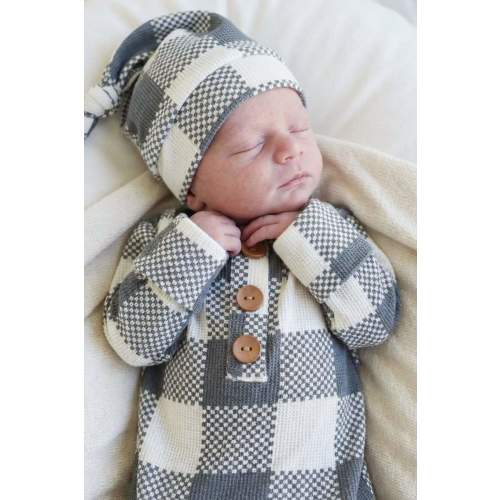 Big Check Bamboo Waffle Newborn Baby Knot Gown & Hat Set | Denim