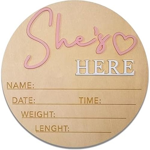 She’s Here Newborn Sign - 5.9” Round Wooden Baby Announcement Sign with 3D Heart - Personalized Birth Keepsake for Baby Girl’s First Day, Hospital, Shower, or Nursery Décor (Pink)