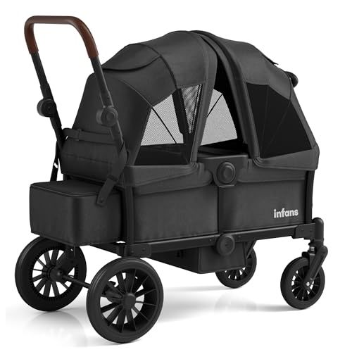INFANS Wagon Stroller for 2 Kids, Collapsible Adjustable Push Pull Handle Bar, 2 Seater Stroller Wagon with Removable Canopy Snack Tray, Comfortable Drop-Down footwell and Upholstered Seats