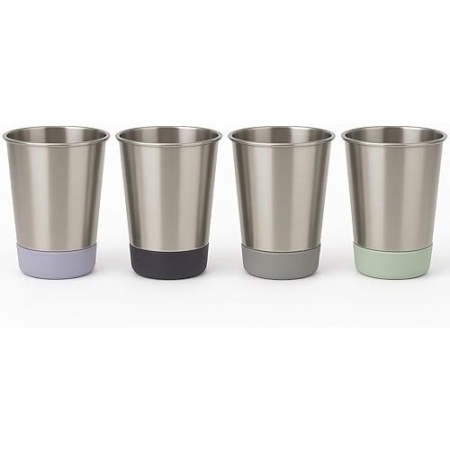 Elk and Friends Stainless Steel Kids + Toddler Drinking Cups | 12oz Tumblers with Colored Base | Durable + Stackable | Travel, Camping + Outdoors | Dishwasher Safe | 4 Pack