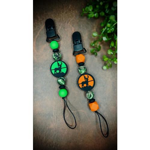 Custom pacifier clip, deer, hunting, camo, orange, green, keepsake, gift, baby shower, personalized