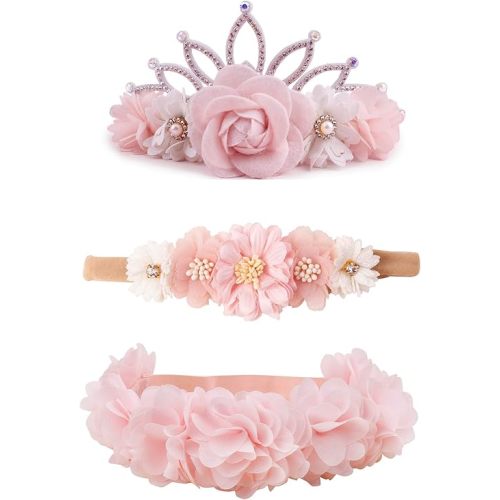 Baby Girl Floral Headbands- 3pcs Nylon Headband Handmade Flower Crown Elastic Hairband Newborn Toddler Hair Accessories Gifts for Girls （1-6 years old）